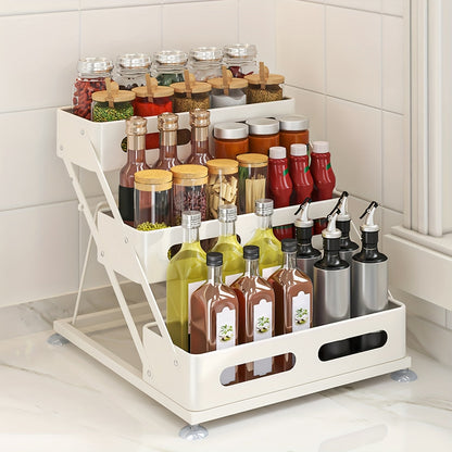 Three-Tier Foldable Spice Rack Organizer in Black or White with Front Rails and Side Supports