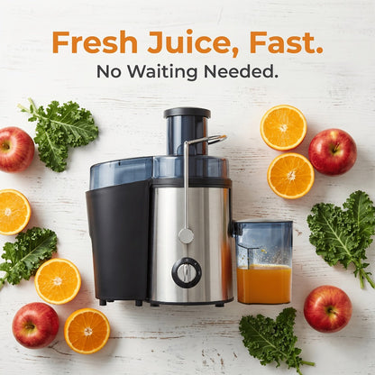 Black-and-Silver Centrifugal Juicer with Side Pulp Container, Juice Cup, 34cm Width and 33cm Height