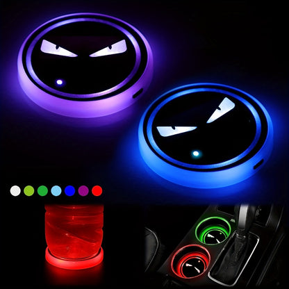 LED Neon Car Cup Holder Coasters – 7 Color USB Rechargeable Glowing Cup Mats, Ambient Light for Car Interior, Bar & Home Decor (Set of 2, Devil's Eye Design)