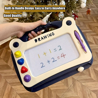 Portable Kids Magnetic Drawing Board with Four Shape Stamps, Tethered Stylus, Carry Handle and Slide Eraser