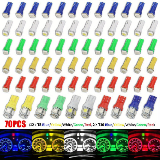 LED Instrument Panel Lights 70Pcs – T10 T5 12V Dashboard Bulb Kit, Multi-Color Green Red White Blue Yellow Interior Lighting for Cars & Trucks