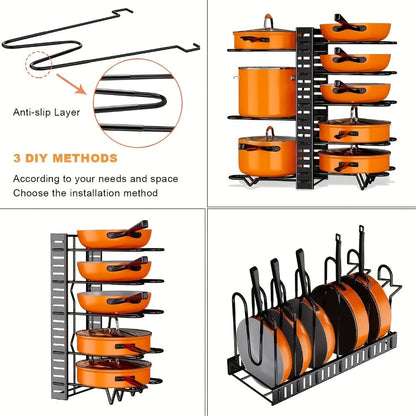 Pot and Pan Organizer 8-Tier with Lid Rack - Kitchen Cabinet Storage Rack for Cookware Pots Pans Lids and Utensils, Space Saving Vertical Cookware Organizer for Cabinet Pantry and Counter, Available in 1 or 2 Pack