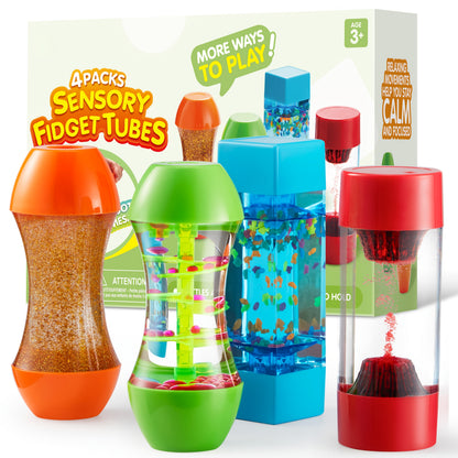 Four-Piece Visual Flow Tube Set with Glitter, Fish, Flake and Volcano Motion Designs in Four Shapes