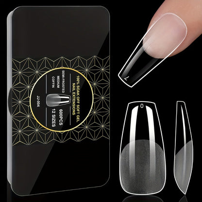 Clear Full-Cover Nail Tips, 600-Piece Set in Nine Almond, Oval, Stiletto, Coffin and Square Length Options