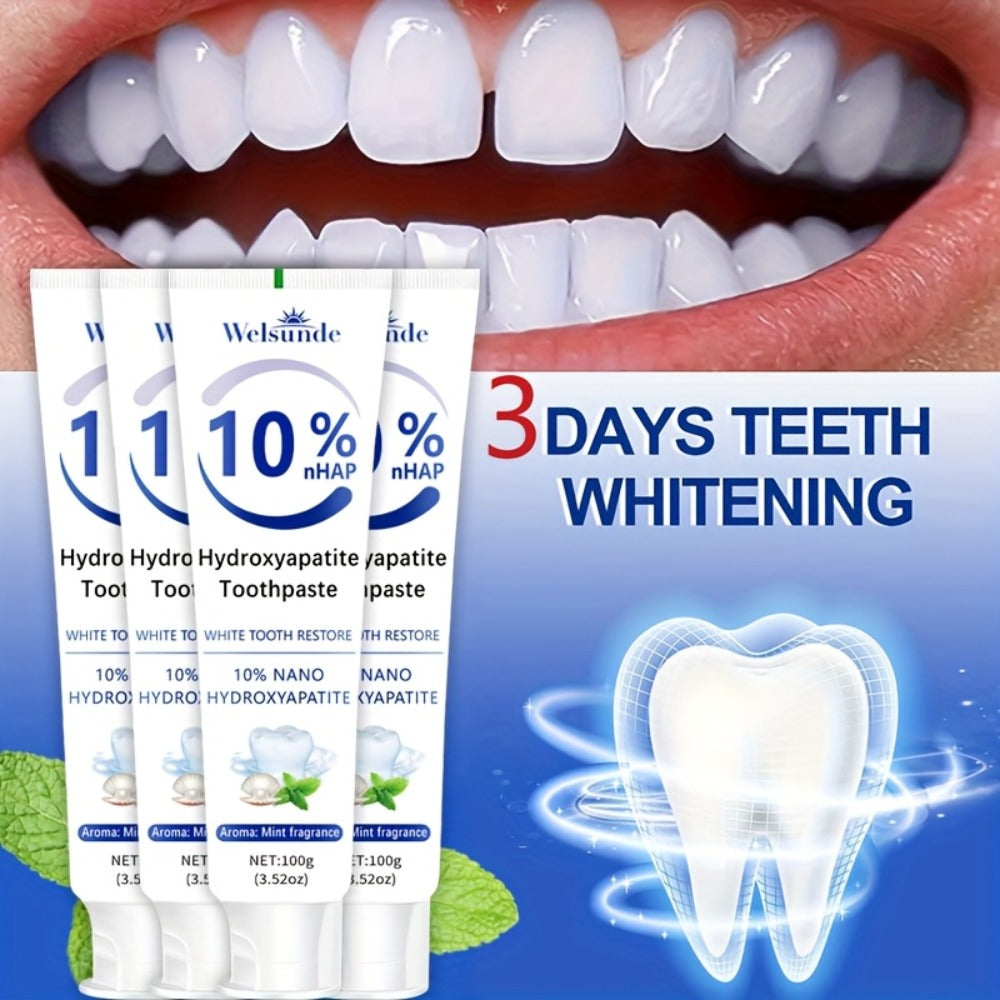 Four-Pack 100g Spearmint Toothpaste Tubes with 10% Hydroxyapatite Label and 400g Total Quantity
