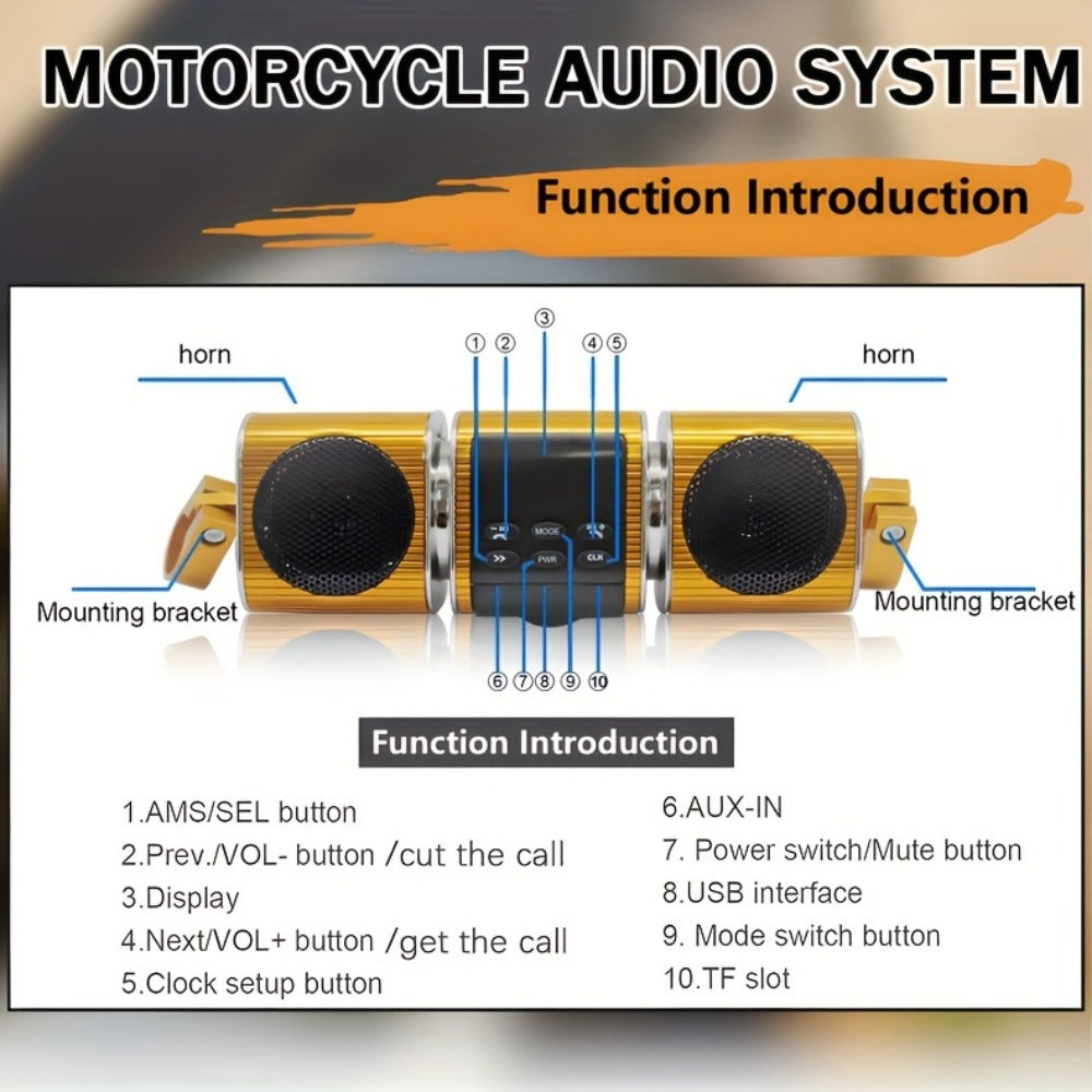 Motorcycle Bluetooth Speaker Sound Bar with Built-in Amplifier – IPX5 Waterproof, FM Radio, USB & AUX Input, 12V Metal MP3 Player for Handlebar, ATV, Scooter & Off-Road Bike