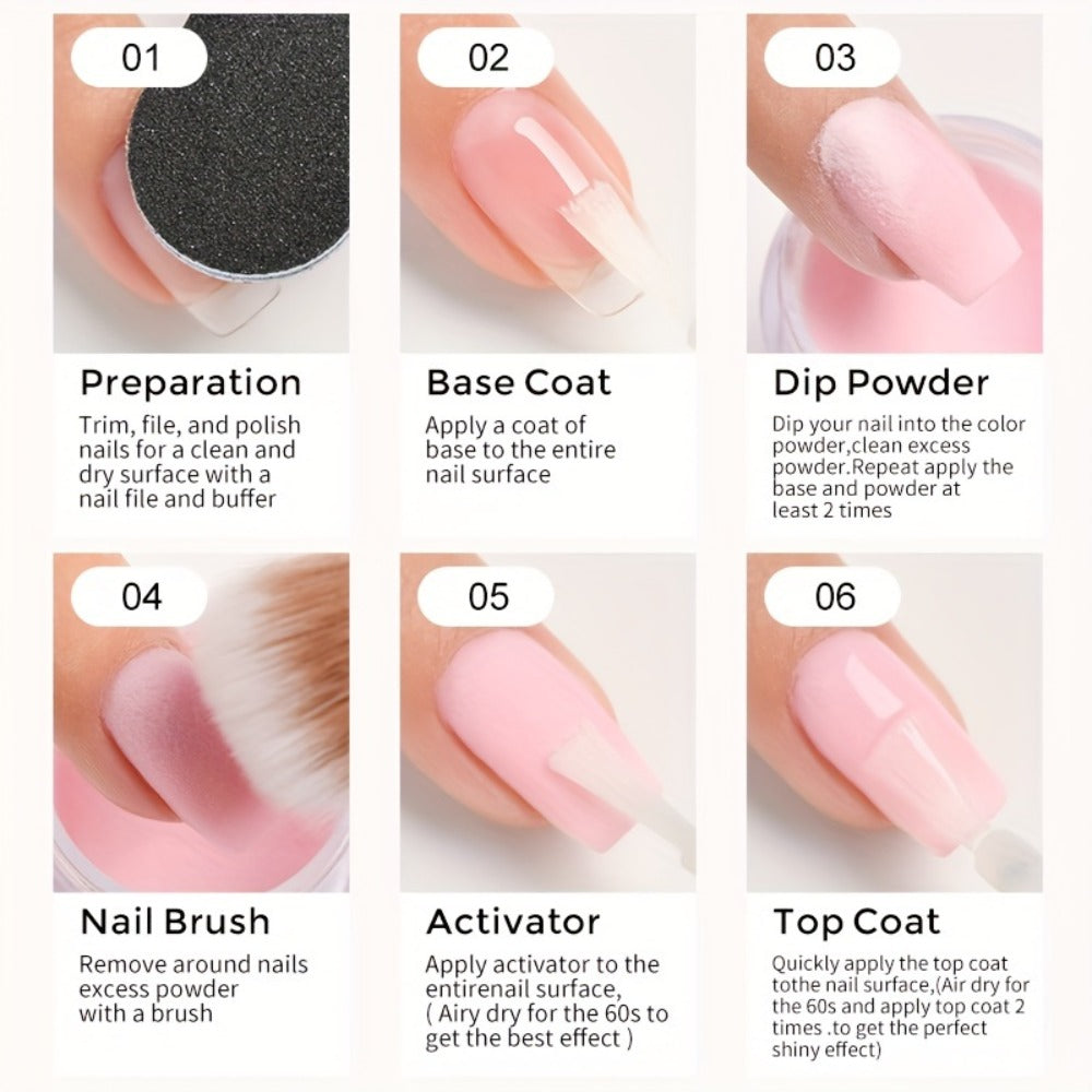 Nude Pink Glitter Dip Powder Kit 4 Colors with Base Coat Top Coat & Activator — All-in-One Beginner Starter Set for French Nail Art Salon & Home Manicure