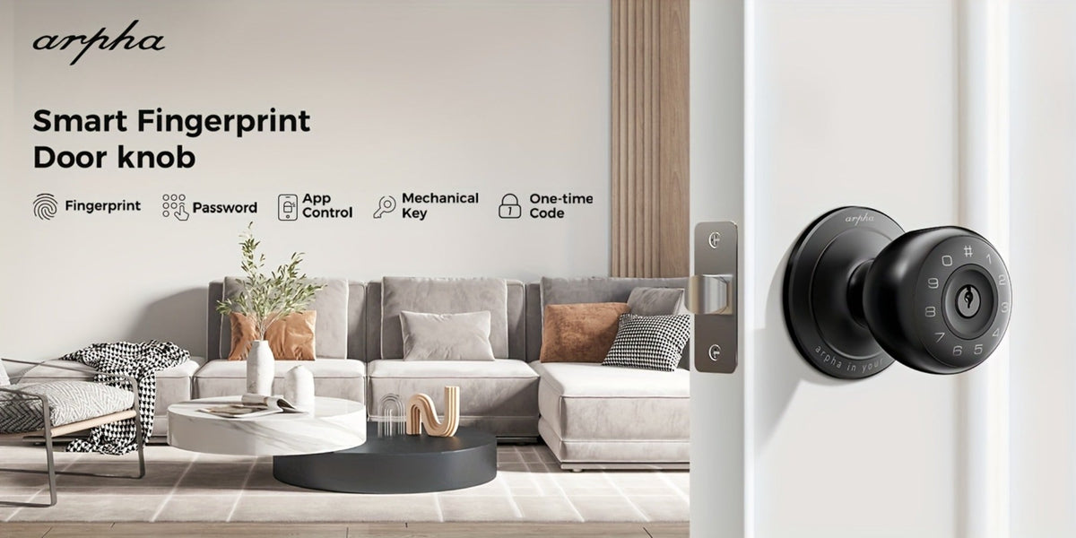 Smart Door Lock Arpha Round Knob with Fingerprint Keypad App and Mechanical Key Access in Black