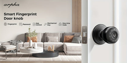 Smart Door Lock Arpha Round Knob with Fingerprint Keypad App and Mechanical Key Access in Black