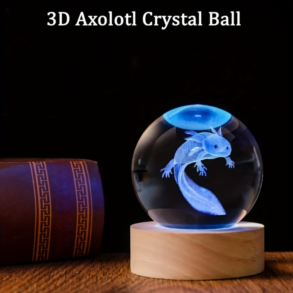 Night Light 2.36-Inch Axolotl Crystal Orb Lamp with Color-Changing LED, USB Power and Wood-Tone Round Base