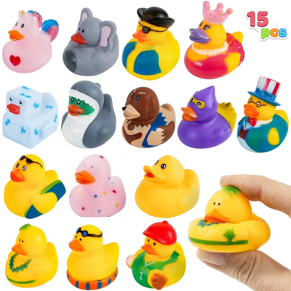 Party Favors Mini Rubber Ducks, 15-Piece Multicolor Assortment with Mesh Storage Bag and 2-Inch Size