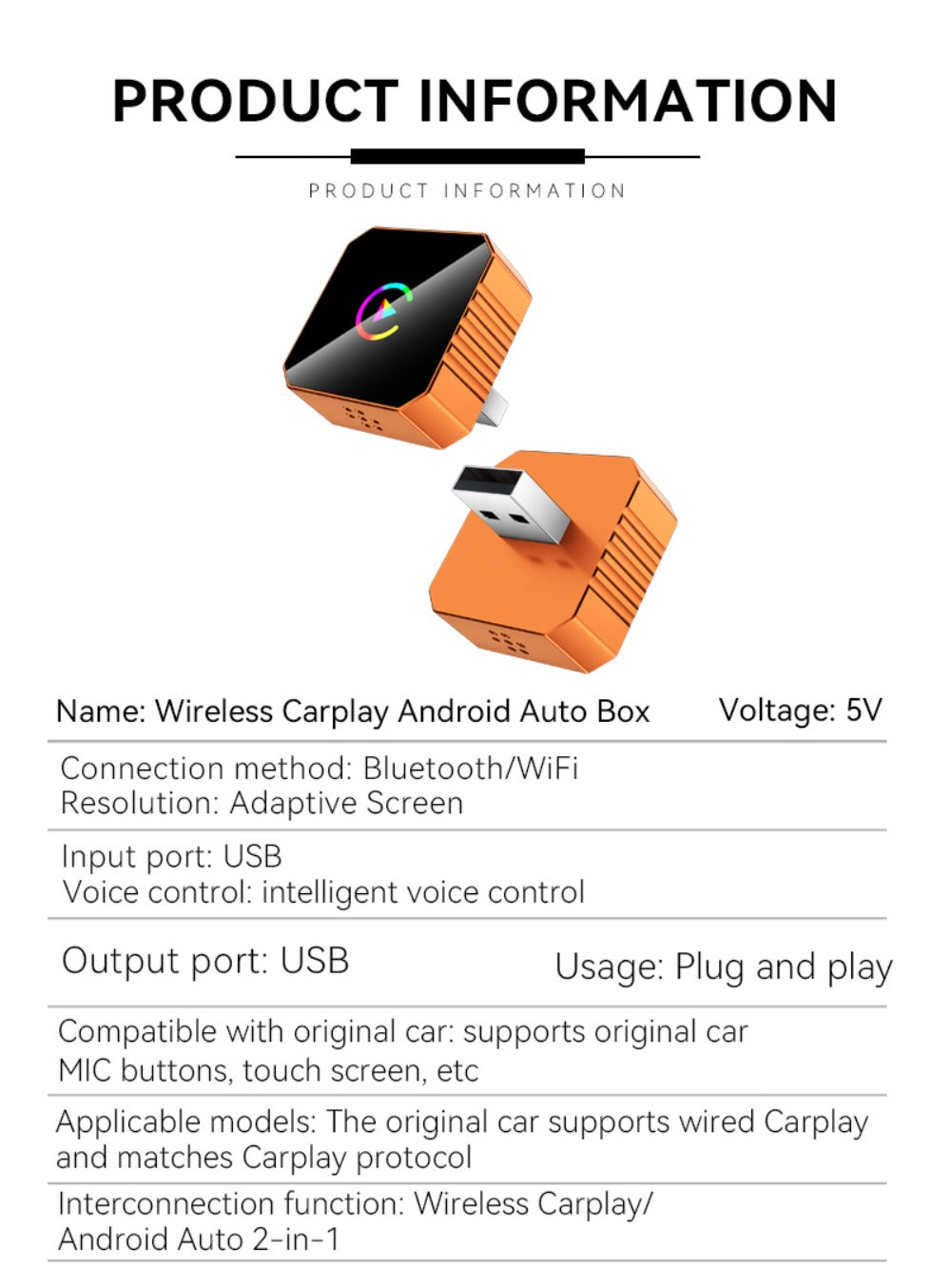 Wireless CarPlay Android Auto Adapter USB Dongle Plug-and-Play Compact Design for Vehicles with Wired CarPlay or Wired Android Auto, Hands-Free Smartphone Connection, Orange & Black