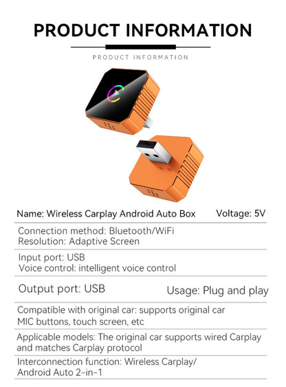 Wireless CarPlay Android Auto Adapter USB Dongle Plug-and-Play Compact Design for Vehicles with Wired CarPlay or Wired Android Auto, Hands-Free Smartphone Connection, Orange & Black