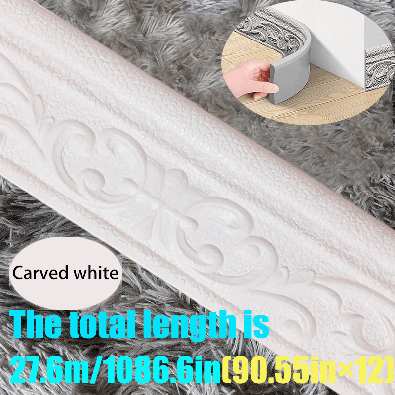 Carved Foam Baseboard Wall Trim Sticker in White, Silver Gray, Copper or Golden, Available in 4, 8 or 12 Rolls