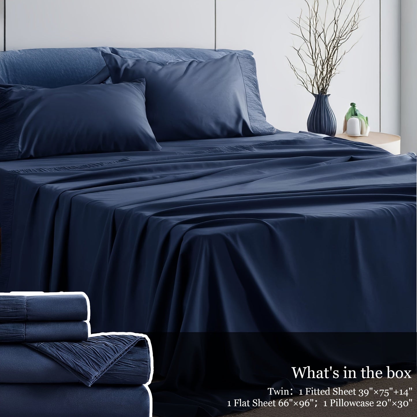 Sheet Set, Four-Piece Solid-Color Bedding with Deep-Pocket Fitted Sheet, Flat Sheet and Two Pillowcases