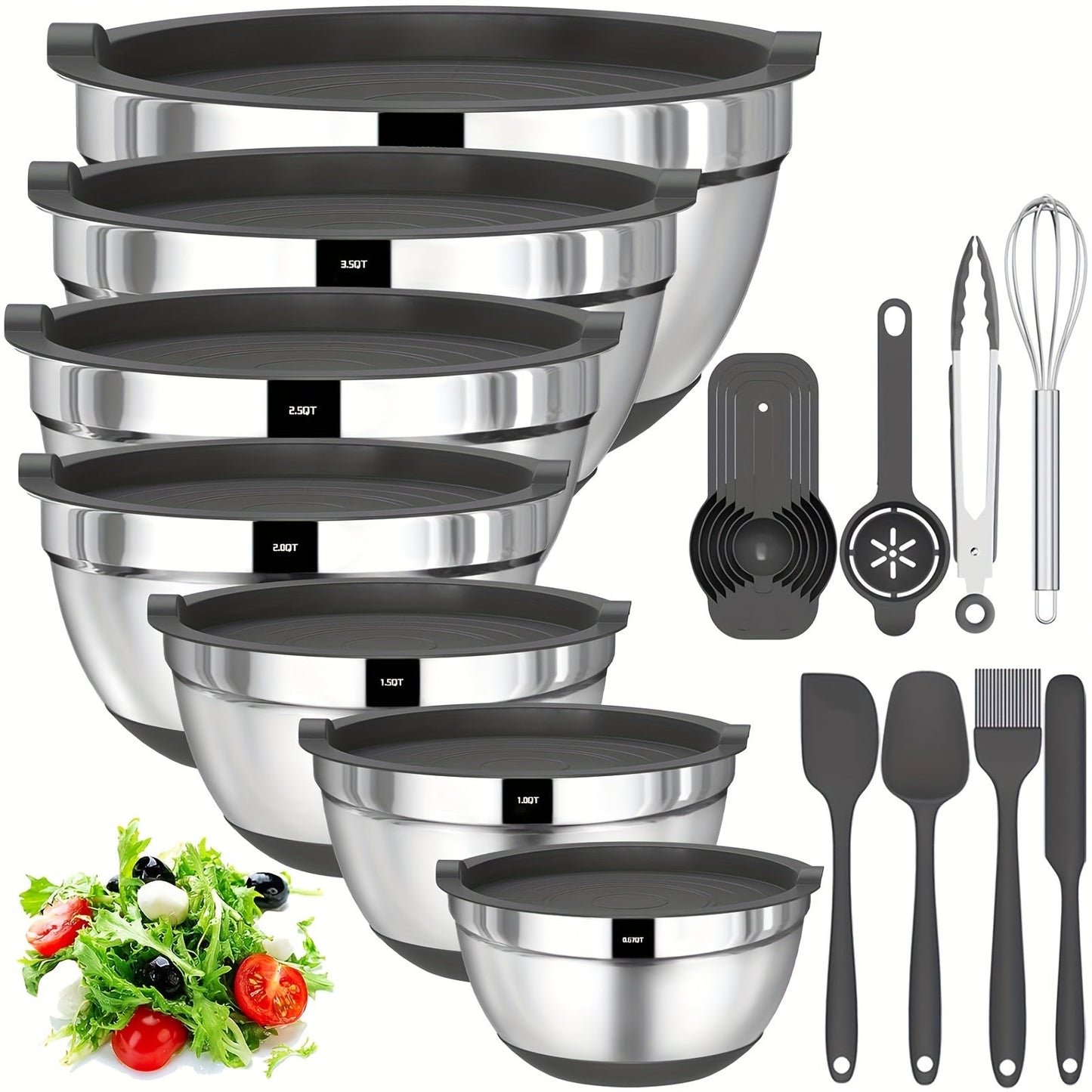 Seven-Bowl Nesting Mixing Set with Lids, Kitchen Tools and Multicolored, Black, Gray or Khaki Options