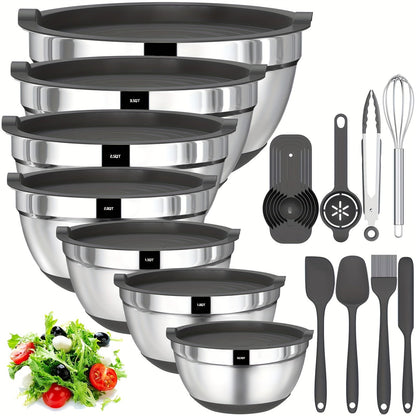 Seven-Bowl Nesting Mixing Set with Lids, Kitchen Tools and Multicolored, Black, Gray or Khaki Options