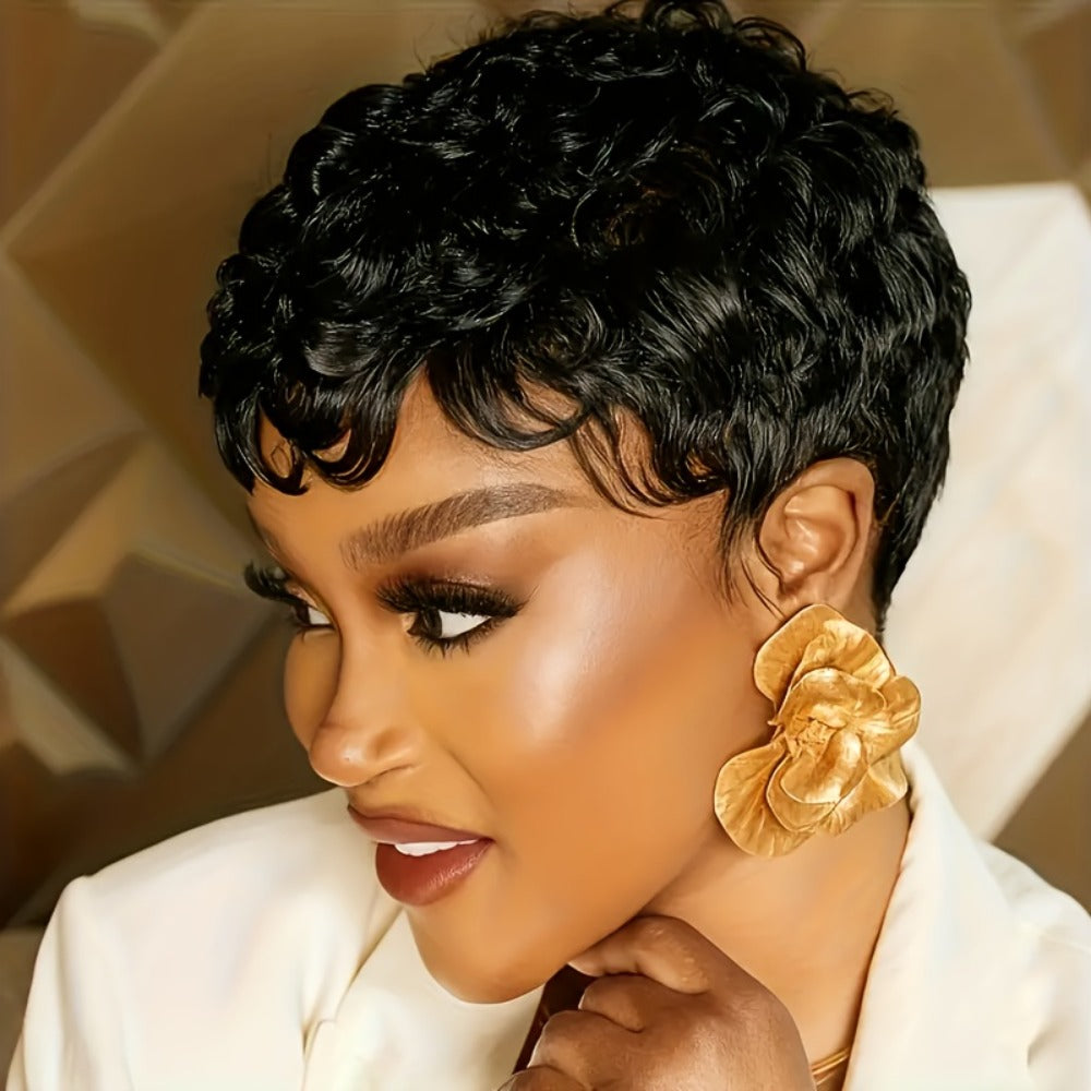 Glueless Human Hair Wig Short Curly Pixie Cut with Bangs – 180% Density Brazilian Remy Natural Black, Layered Loose Curly Bob Machine Made Cap for Women, Lightweight Comfortable Daily Wear, 6 Inch
