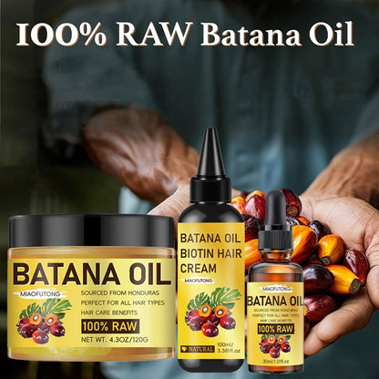 Batana Oil Hair Care Kit 3pcs — Pure Cold-Pressed Honduran Battana Hair Cream, Hair Oil & Essential Oil, Repairs Damage & Adds Shine, Nourishes Scalp, All Hair Types