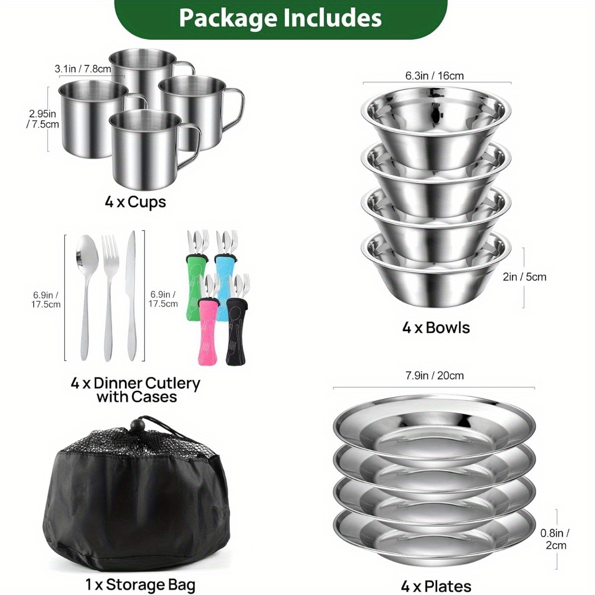 Stainless Steel Camping Mess Kit 29 Piece Dinnerware Set - Plates Bowls Mugs Cutlery, for Camping, Travel and Outdoor Use