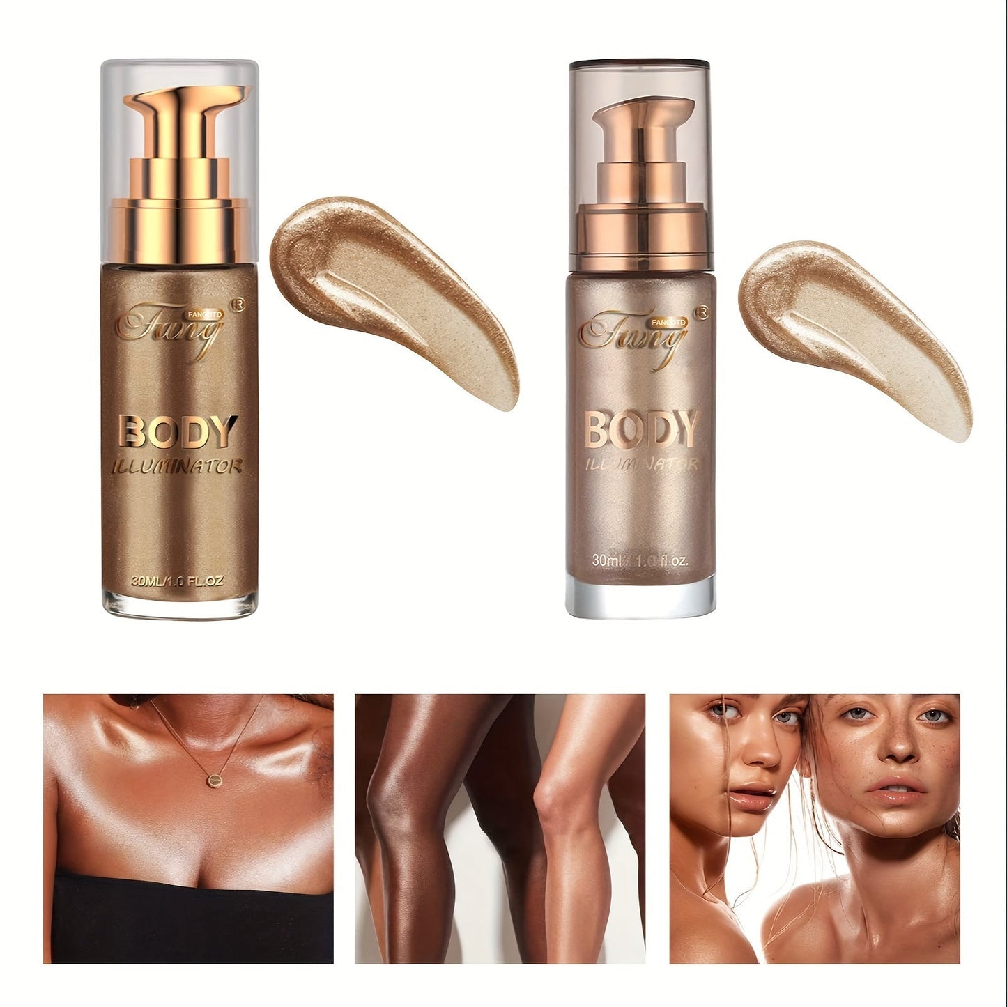 Liquid Luminizer Set of 2 Moisturizing Shimmer Highlighter for Face and Body Glow - All-in-One Illuminator Bronzer Dewy Finish Summer Makeup Kit Women Beauty Gift