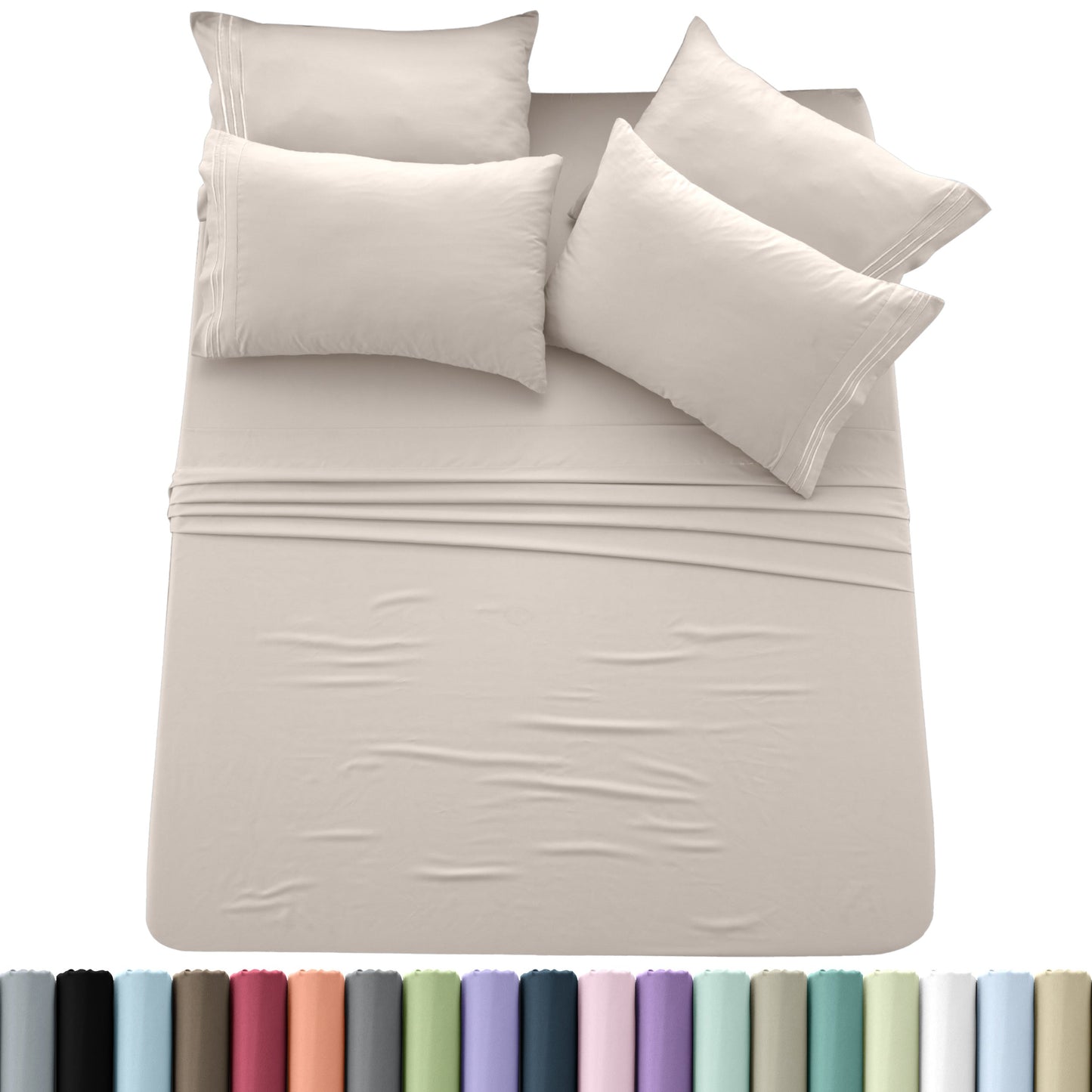 Sheet Set, Six-Piece Brushed Polyester Bedding with 16-Inch Fitted Pocket, Four Pillowcases and Twenty Colors