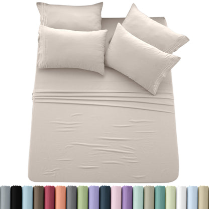 Sheet Set, Six-Piece Brushed Polyester Bedding with 16-Inch Fitted Pocket, Four Pillowcases and Twenty Colors