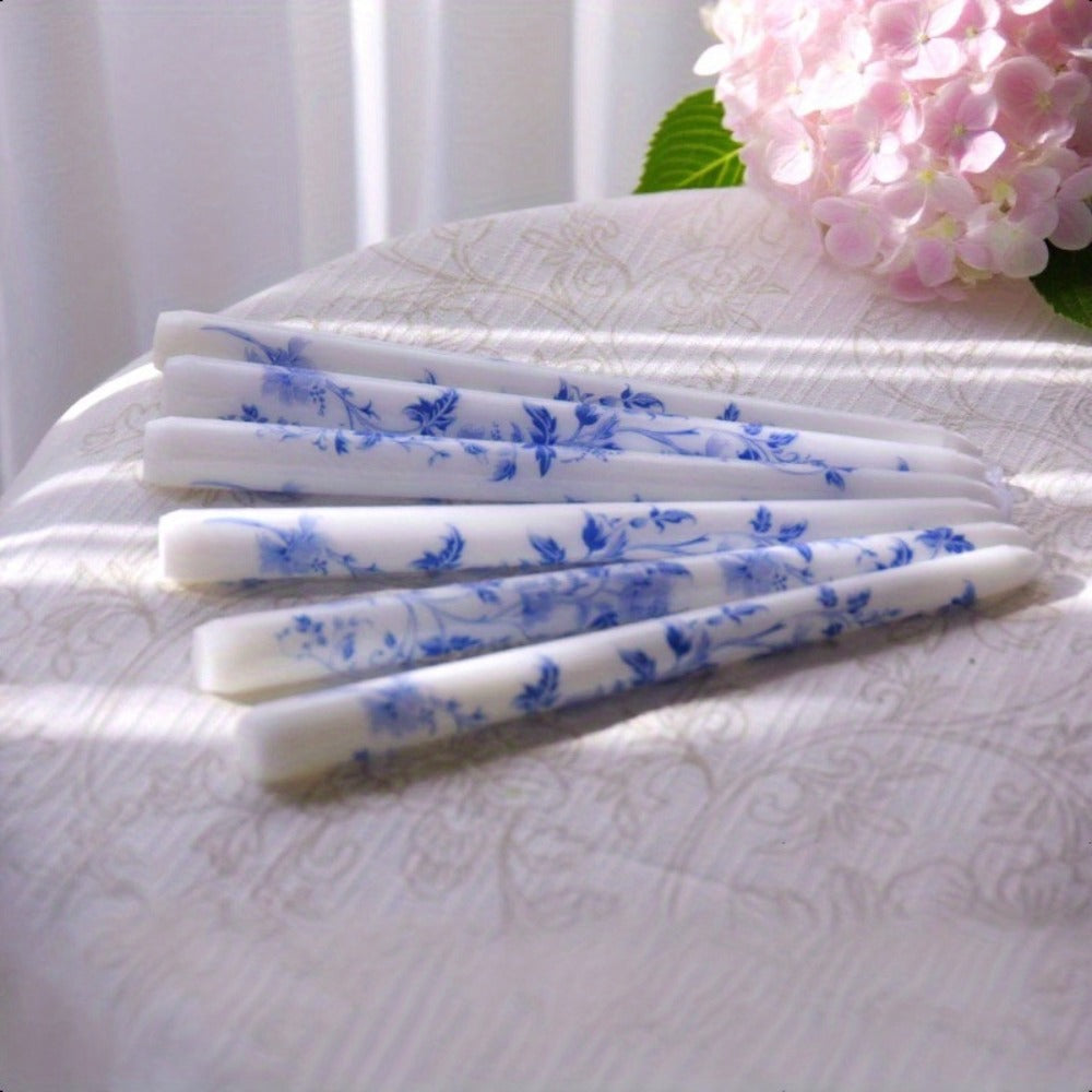 Taper Candles Blue White Porcelain 6-Pack 10 Inch for Everyday Face, Beard and Body Grooming