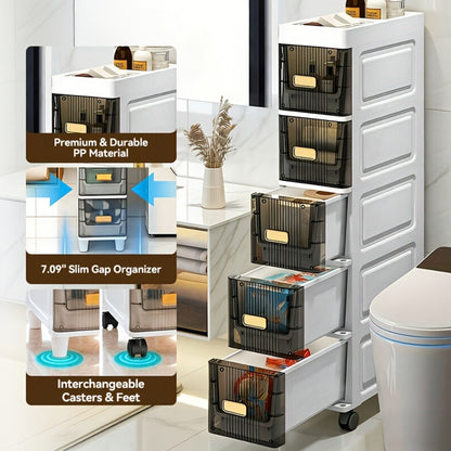 Storage Cabinet Slim PP Drawer Tower with Wheels, Pull-Out Bins and Three, Four or Five Layers