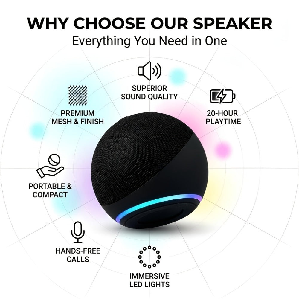 Portable Bluetooth Speaker Spherical Model with RGB, TWS, Subwoofer, 360° Listing and Included Base