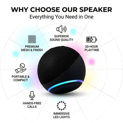 Portable Bluetooth Speaker Spherical Model with RGB, TWS, Subwoofer, 360° Listing and Included Base