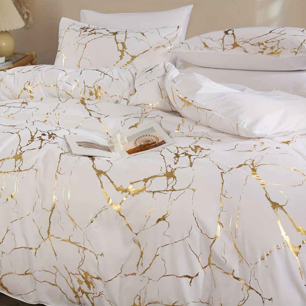 3-Piece Duvet Cover Set with Bronzed-Look Marble Vein Print in White, Khaki or Black and Four Sizes