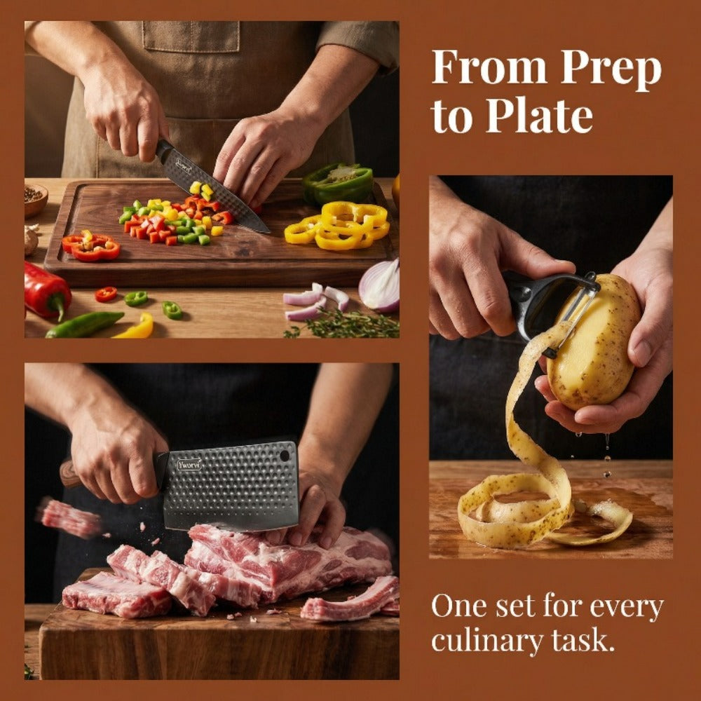 Seven-Piece Kitchen Knife Set with Four Blades, Scissors, Peeler and Sharpener, Offered in Two Styles