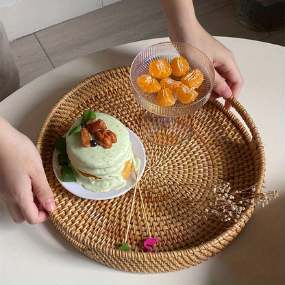 Serving Tray Basket - Hand-Woven Round Rattan Organizer for Fruits Bread Snacks, for Home Cooking, Dining and Outdoor Meals