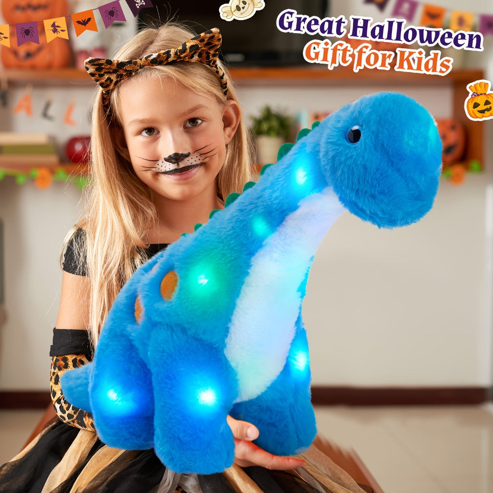 Plush Toy Blue Dinosaur with LED Glow and Optional Music for Colorful Interactive Display for Character Display, Room Decor and Gift