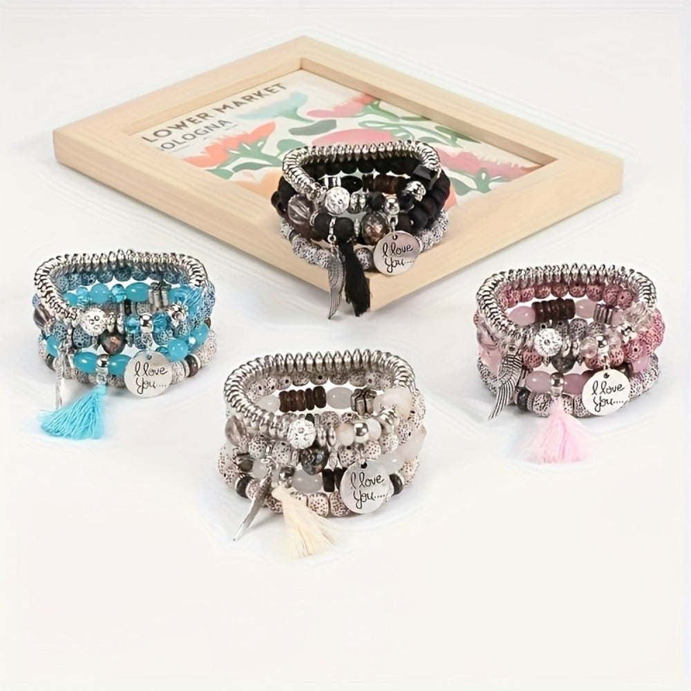 Bracelet Set, 24-Piece Assorted Wood-Bead Elastic Stack with Tassels and Pendant-Style Accents