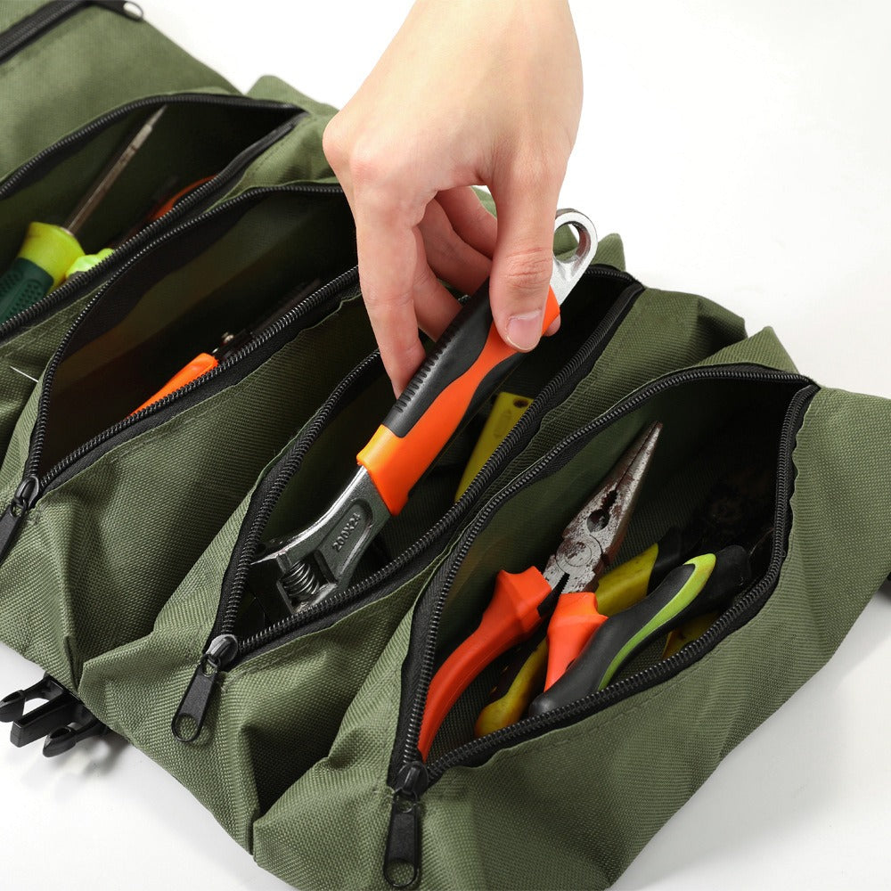 Collapsible Tool Roll Organizer Bag in Green or Black with Multiple Pockets and Carry Handles