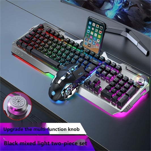 Gaming Keyboard Wired 104 Keys Full Metal Panel – LED Color Backlight, Multimedia Knob, Faux Mechanical Feel, USB, Ergonomic Design with Phone Holder | Keyboard or Keyboard & Mouse Combo