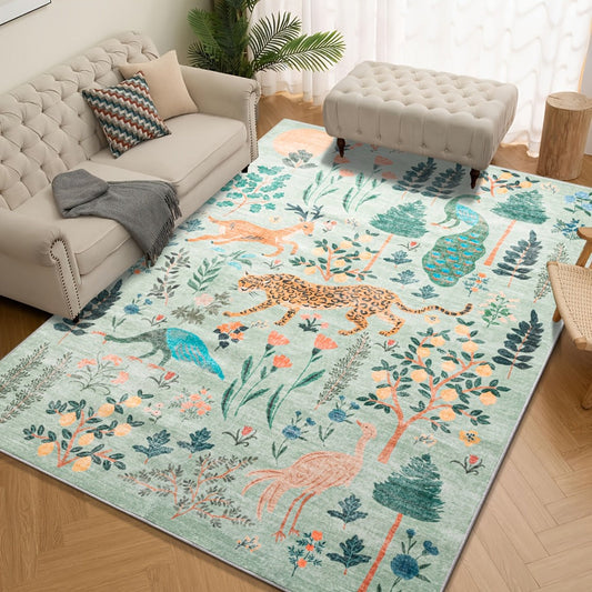 Area Rug 8x10 Ft Soft Non-Slip Machine Washable Large Floor Rug with Floral Forest Animal Patterns for Living Room Bedroom Home Decor – Durable Easy Clean Indoor Carpet
