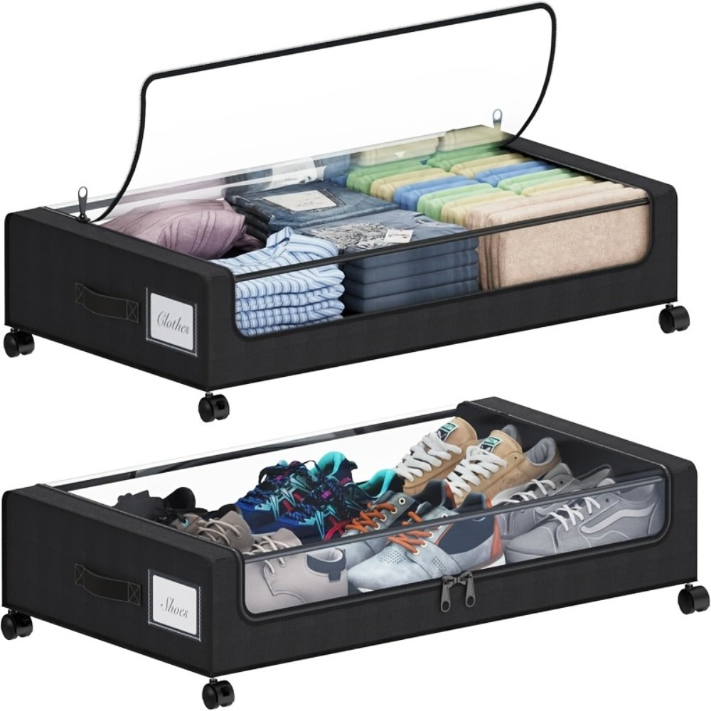 Rolling Fabric Under-Bed Storage Bins with Clear Zip Covers, Label Windows and Black or Gray Sets