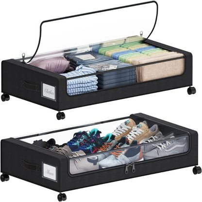 Rolling Fabric Under-Bed Storage Bins with Clear Zip Covers, Label Windows and Black or Gray Sets