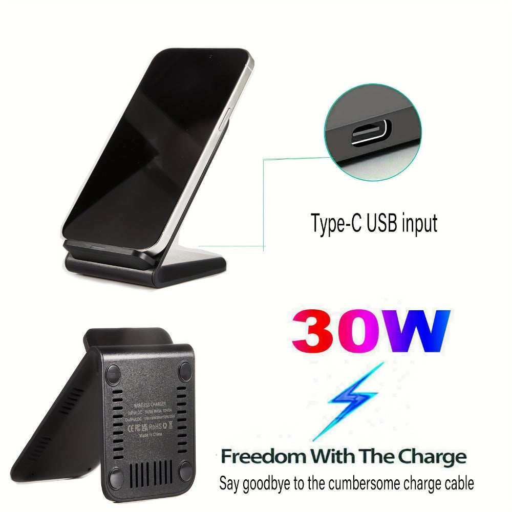 Black Dual-Coil Wireless Charging Stand with Vertical or Horizontal Support and 19 Device Labels