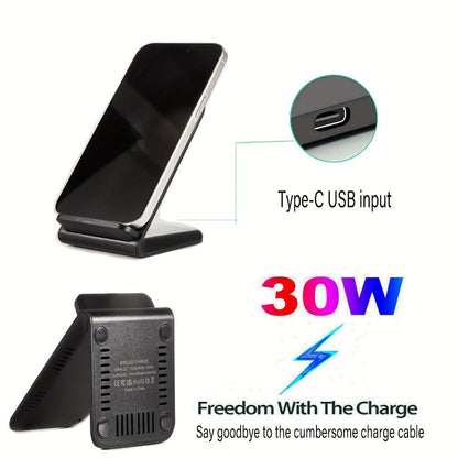 Black Dual-Coil Wireless Charging Stand with Vertical or Horizontal Support and 19 Device Labels