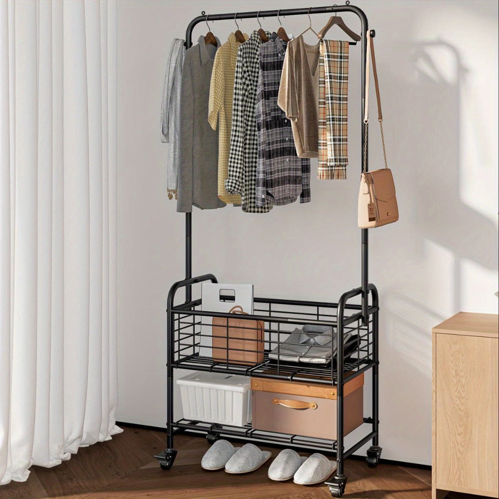 Rolling Laundry Basket Cart with 70.25-Inch Hanging Rail, Two Shelves, Four Casters and White, Black or Silver Frames