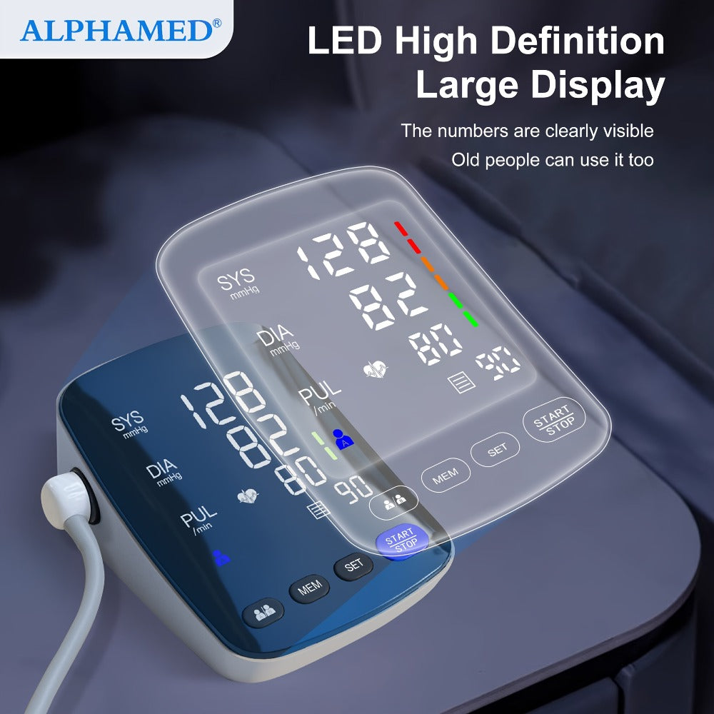 Blood Pressure Monitor by ALPHAMED U82RH, Upper-Arm Curved LED Device with USB Power and 2 x 199 Memory