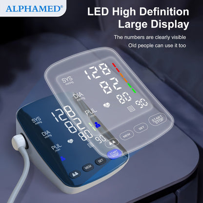 Blood Pressure Monitor by ALPHAMED U82RH, Upper-Arm Curved LED Device with USB Power and 2 x 199 Memory