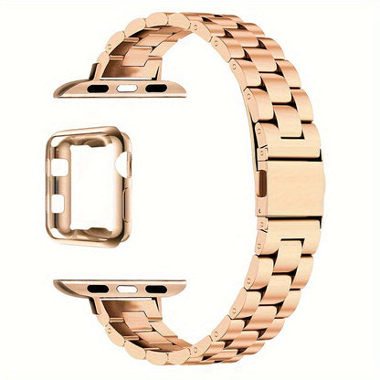 Slim Waist Apple Watch Steel Band & Half Shell Case 3-Piece Set – 2 Stainless Steel Bands + Protective Case Compatible with Apple Watch Series 1–9 SE Ultra 38 40 41 42 44 45 49mm – Gold Silver Rose Black