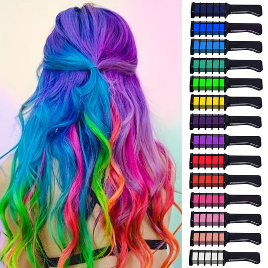 Temporary Hair Chalk Comb Set 14 Colors — Washable Hair Color Sticks with Plant-Based Squalane & Glycerin, Vibrant Streaks for Parties, Halloween, Festivals & Cosplay, Safe for All Hair Types