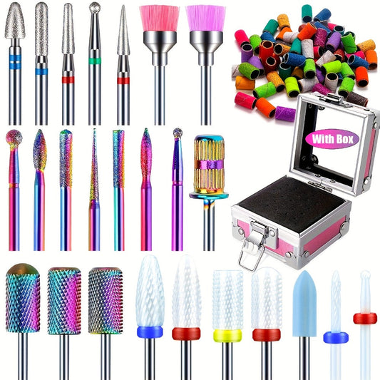 Nail Drill Bit Set Tungsten Steel & Ceramic Grinding Heads with Storage Box for Gel Removal Nail Enhancement Polishing Shaping Multi-Grit Abrasive Bands Coarse Medium Fine Electric Nail Drill Machine