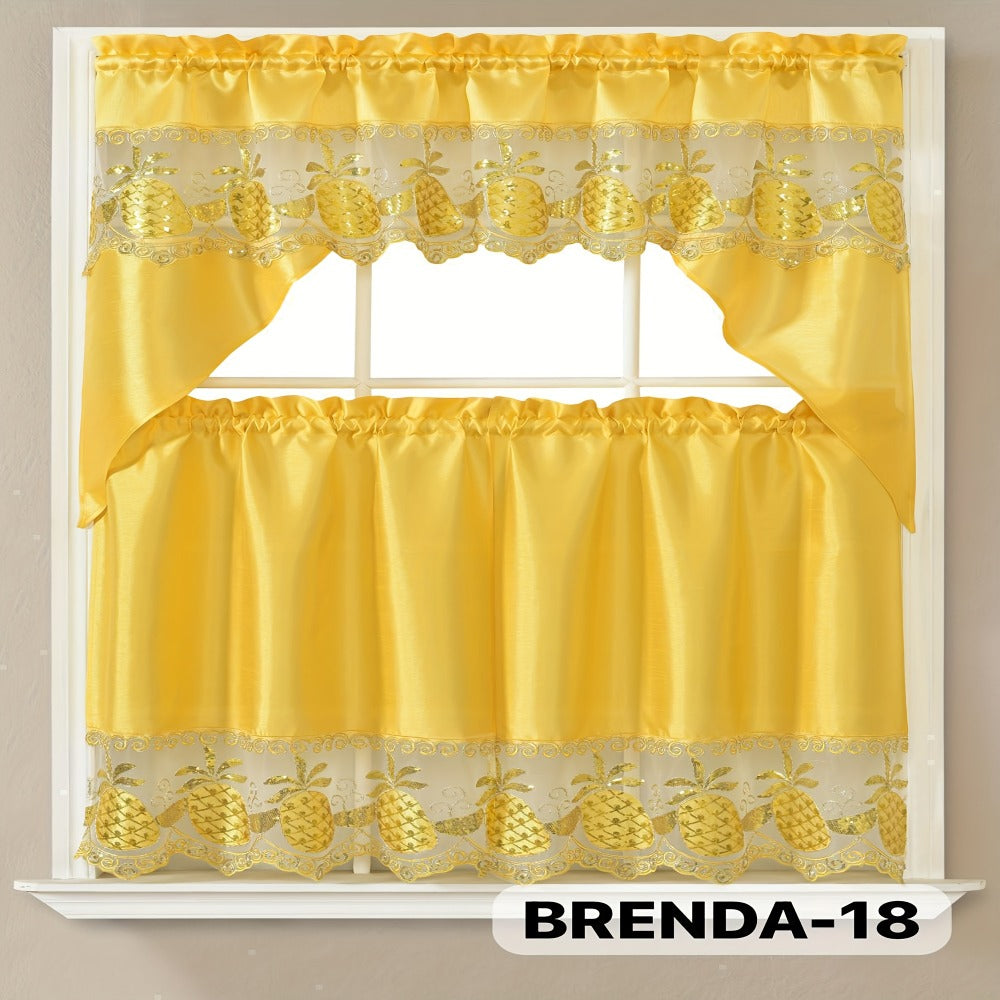 Three-Piece Patterned Kitchen Curtain Set with One Valance, Two Tiers and Forty-Six Exact Design Options